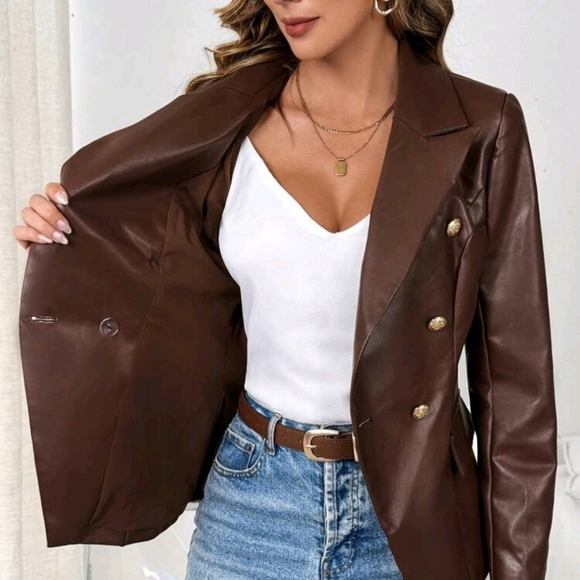 Women's PU Leather Single-Breasted Lapel Blazer - Picture 7 of 7